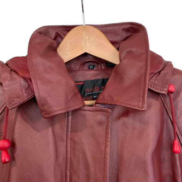VTG 90s Phase Two Men’s XL Long Red Leather Jacket Removable Hood/Liner Parka - Picture 5 of 17